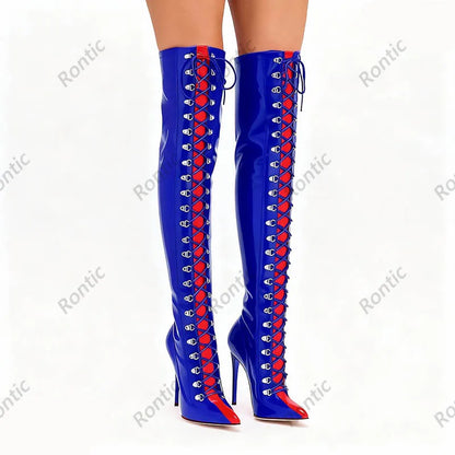 Rontic Custom Crafted Blue Thigh High Boots Stiletto Heel Design Red Detail Laces Pointed Toe Patent Leather Artisan Size 5-15