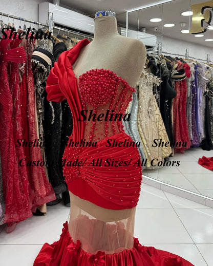 Shelina Fashion One-shoulder Evening Dress Plearls Illusion Pleat Sweetheart Special Occasion Gown Robes De Soiree Customized