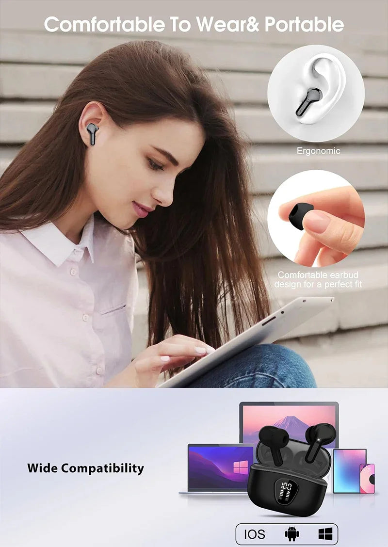 New Wireless Earbuds HiFi Stereo Headphones BT5.3 with ENC Noise Cancelling 48H LED Display Ear Buds IP7 Waterproof Earphones