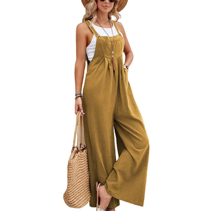 Women Casual Straps Jumpsuits Summer Autumn Harajuku Slim Wide Leg Trousers Dungaree Bib Overalls Elegant Sleeveless BF Jumpsuit