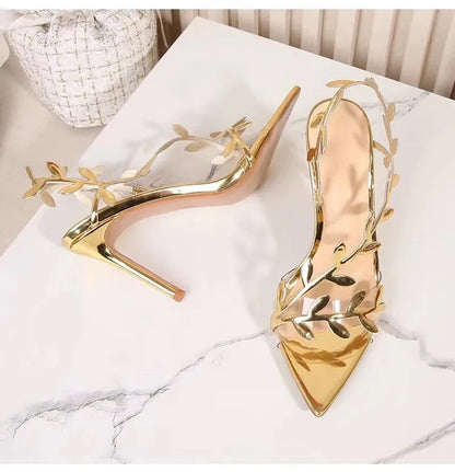 2026 Summer Fashion Patent Leather Gold Leaf Women Sandals Elegant Pointed Toe Thin High Heels Gladiator Sandalias Party Shoes