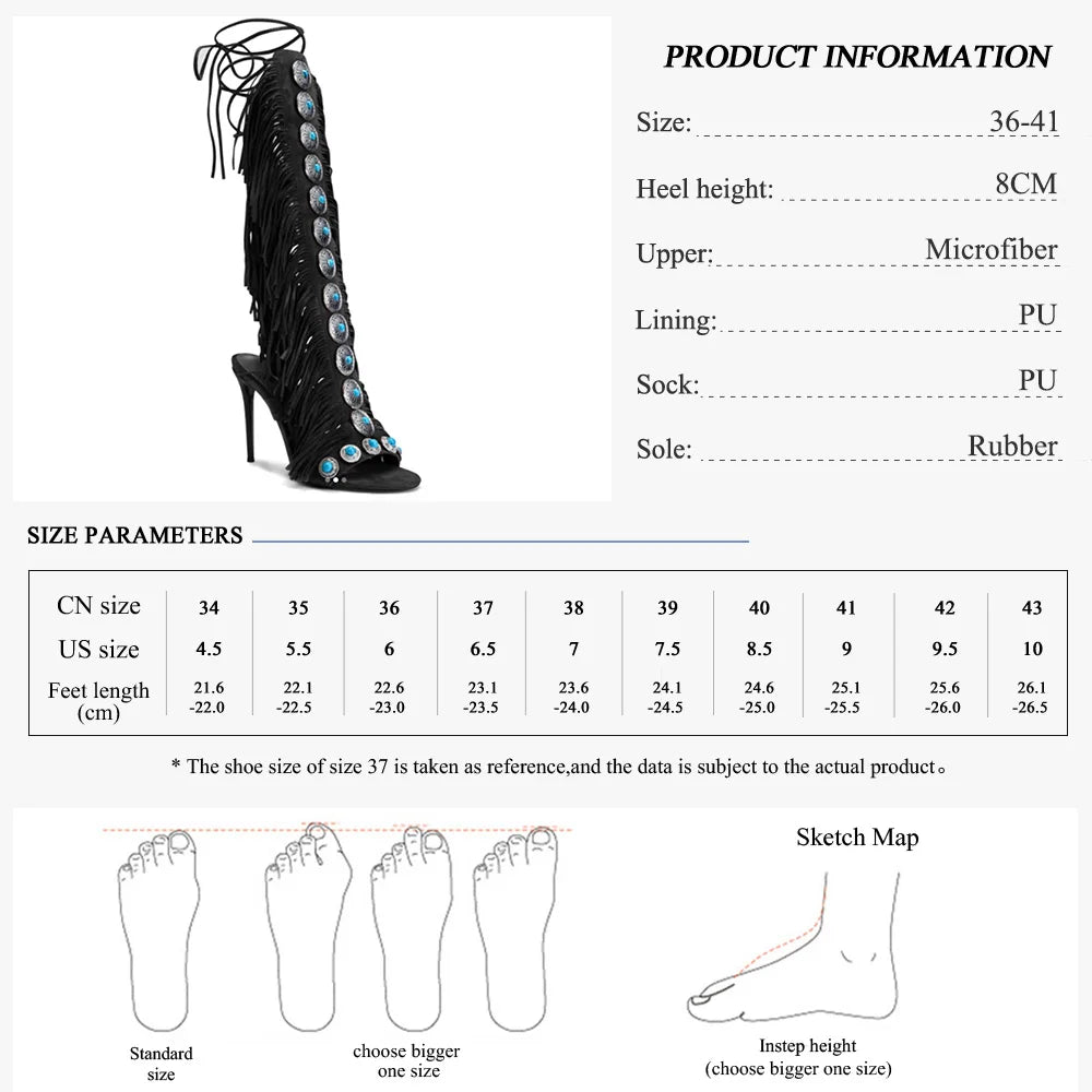 GMQM 2025 New Summer Festival Women's Knee High Boots Fringe Strappy Sandals Open Toe Lace-up Tassels High Heel For Dressy Shoes