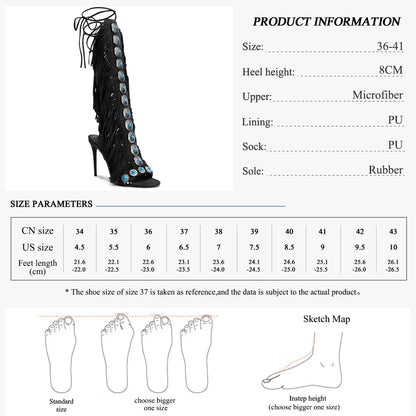 GMQM 2025 New Summer Festival Women's Knee High Boots Fringe Strappy Sandals Open Toe Lace-up Tassels High Heel For Dressy Shoes