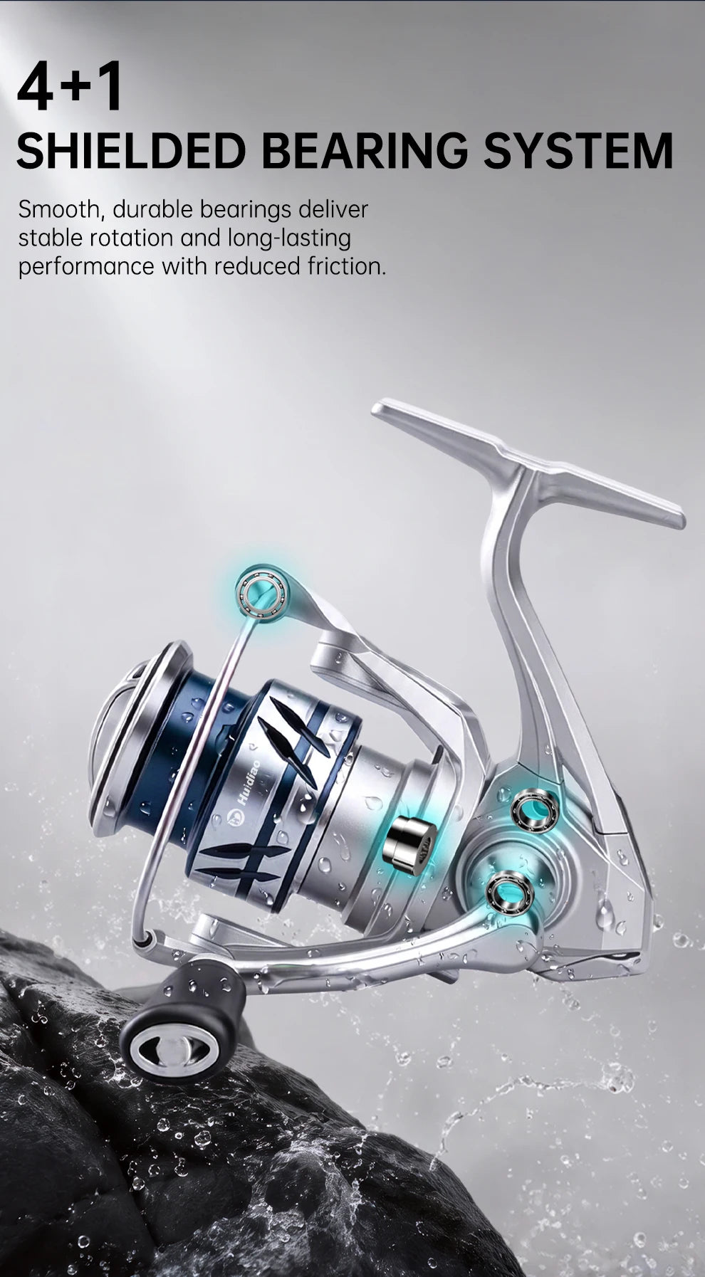 Huidiao 4+1BB Spinning Fishing Reel 1000/2500/3000/4000 10kg Max Drag 5.2:1 CNC Metal Spool Left/Right Interchangeable Saltwater