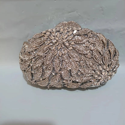Gold Metal Leaves White Crystals Evening Clutch Bags Luxury Women Wedding Party Purse Ball Handbags Rhinestone Mini Minaudiere