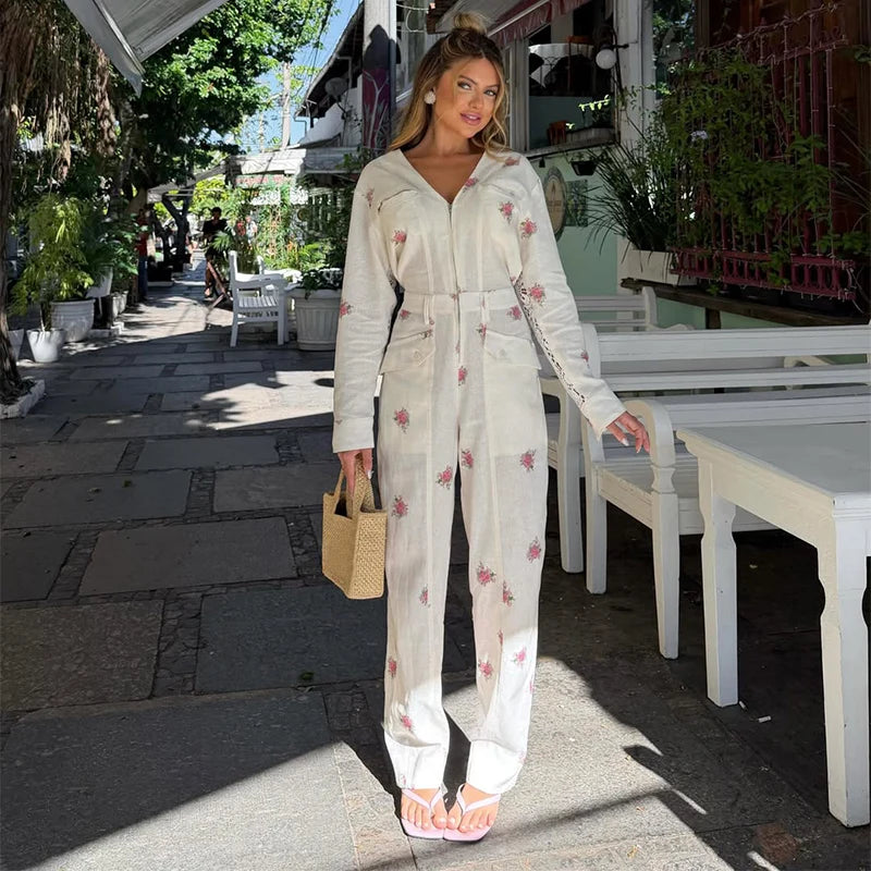Elegant Print Women Jumpsuits Fashion Long Sleeve V-neck Zippers Female Overalls 2026 Summer Autumn All-match Lady Outfit New