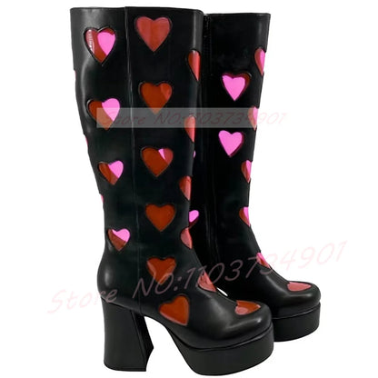 Cutout Heart Window Platform Knee High Boots Women Pink PVC Hollow Round Toe Block Heels Shoes Lady Y2K Street Fashion Boots