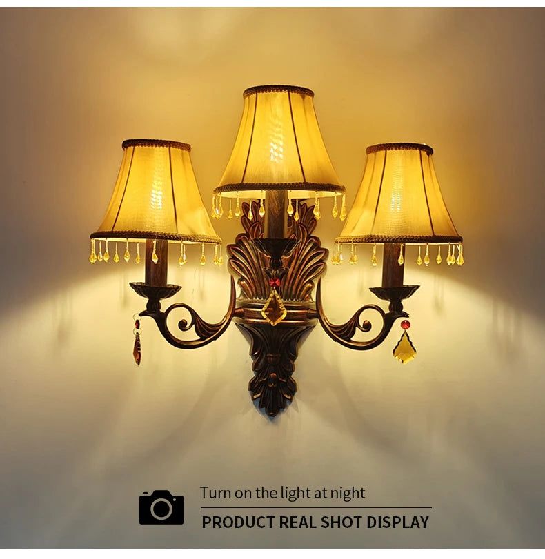 Retro American European Iron Art Red Cloth Crystal Wall Lamp for Hall Restaurant Bedroom Walkway Hotel Bar Decorative Wall Light