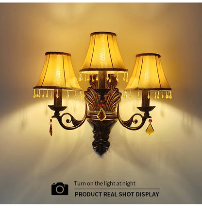 Retro American European Iron Art Red Cloth Crystal Wall Lamp for Hall Restaurant Bedroom Walkway Hotel Bar Decorative Wall Light