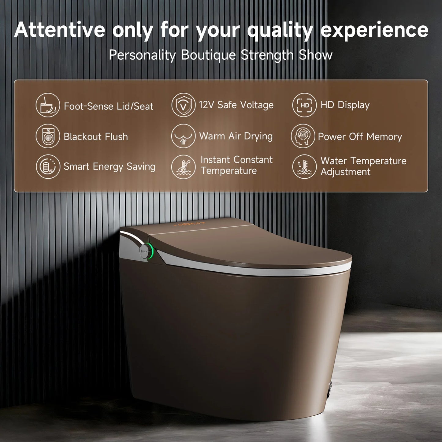 Brown Smart Tankless Toilet 1.28 GPF Dual-Flush Auto Flush Heated Seat Bidet Warm Wash Dryer Auto Open Soft-Close Sterilization