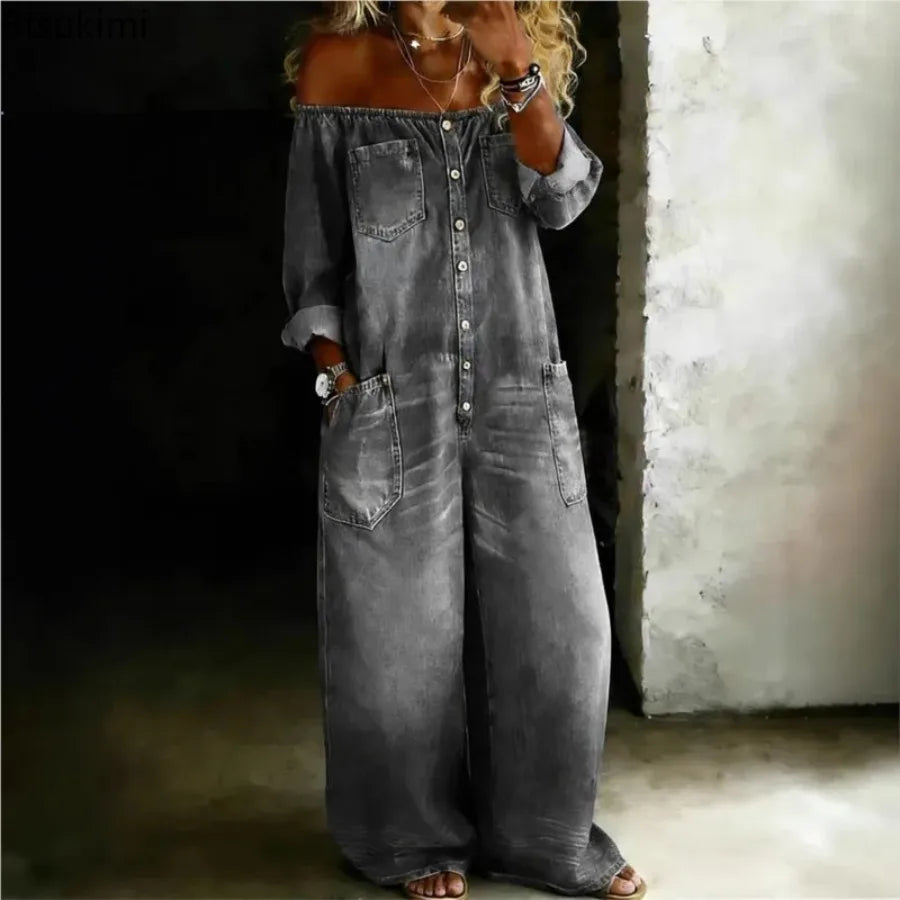 2026 Fashion Retro Imitation Denim Jumpsuit for Women Summer New Single-Breasted Off-shoulder Long Loose Rompers Overalls Pants