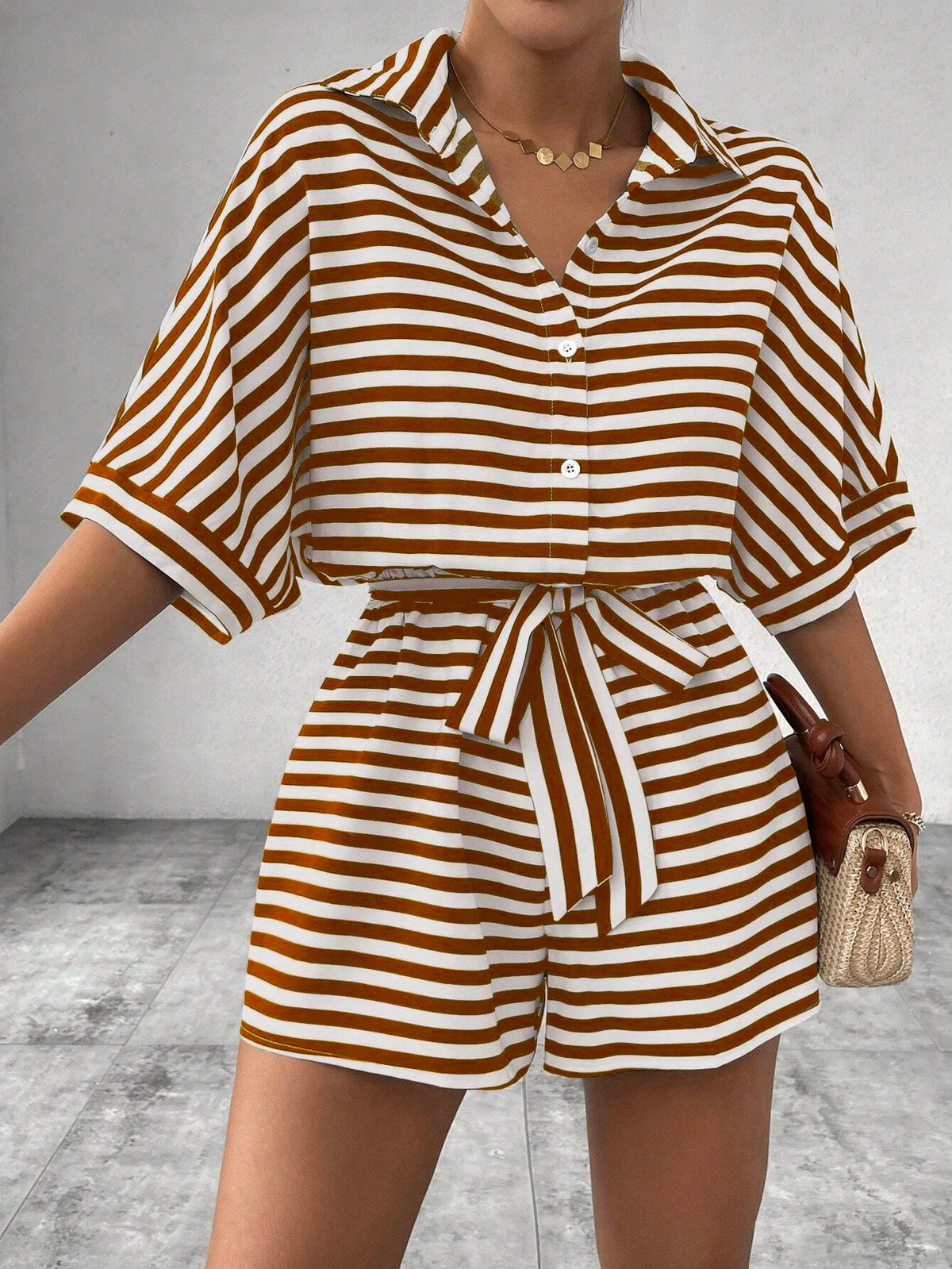 Women One Piece Short Sleeve Striped Overalls Shorts Pants Elastic Waist Turn Down Collar Rompers