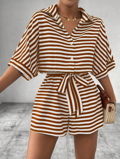 Women One Piece Short Sleeve Striped Overalls Shorts Pants Elastic Waist Turn Down Collar Rompers