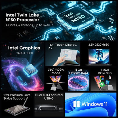 CHUWI FreeBook Laptop Intel N150 Quad Core 16GB LPDDR5 512G SSD Tablet PC 13.5 Inch FHD Touch Screen Windows 11 WIFI6 Desktop