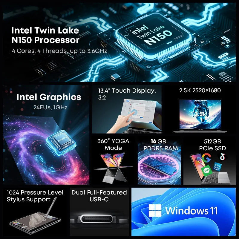 CHUWI FreeBook 2 in 1 Laptop Tablet 13.5" FHD Touch Screen Intel N150 / N100 12GB / 16GB LPDDR5 512G SSD WIFI 6 2256*1504