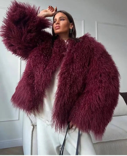 Mongolian Fur Coat Fur Jacket Women's Elegant Fluffy Solid Color Thickened Thermal Long Sleeve Coat Winter Fashion Oversized Lad