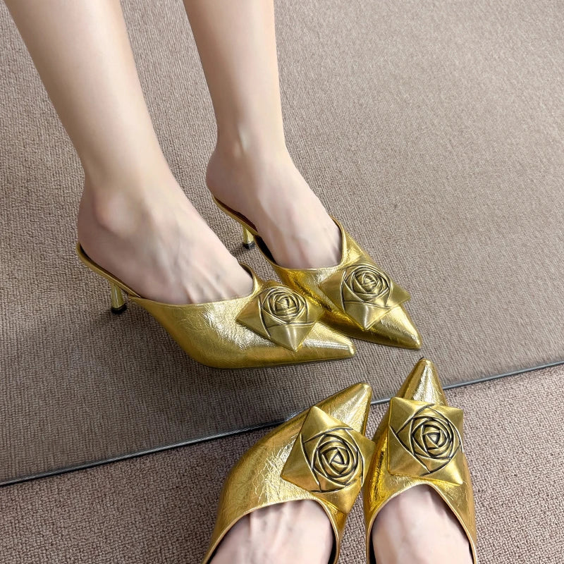 Women High Heels Slippers Summer New Luxury Fashion Gold Flower Decoration Modren Sandals Ladies Pointed Toe Mules Shoes Slides