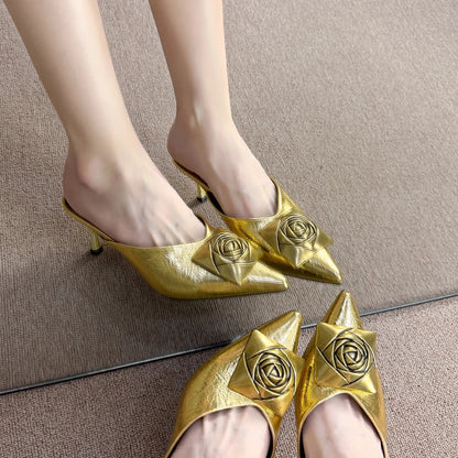 Women High Heels Slippers Summer New Luxury Fashion Gold Flower Decoration Modren Sandals Ladies Pointed Toe Mules Shoes Slides