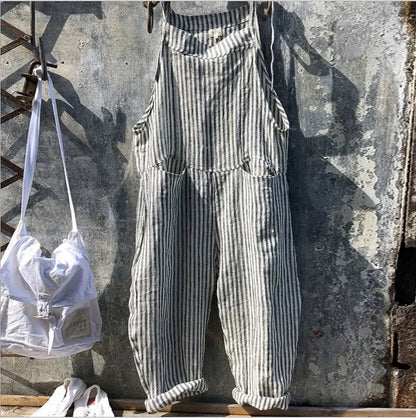 Women's Stripe Jumpsuits Cargo Pants Wide Leg Pants Trousers Multicolor Ethnic Bib Sleeveless Casual Loose Jumpsuit With Pockets