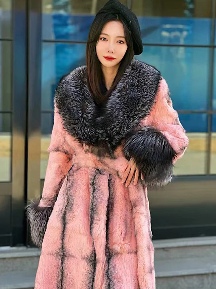 Winter Women Real Rabbit Fur Coat Long Natural Rabbit Fur Jacket Fox Fur Collar and Cuff Thick Warm Ladies Overcoat