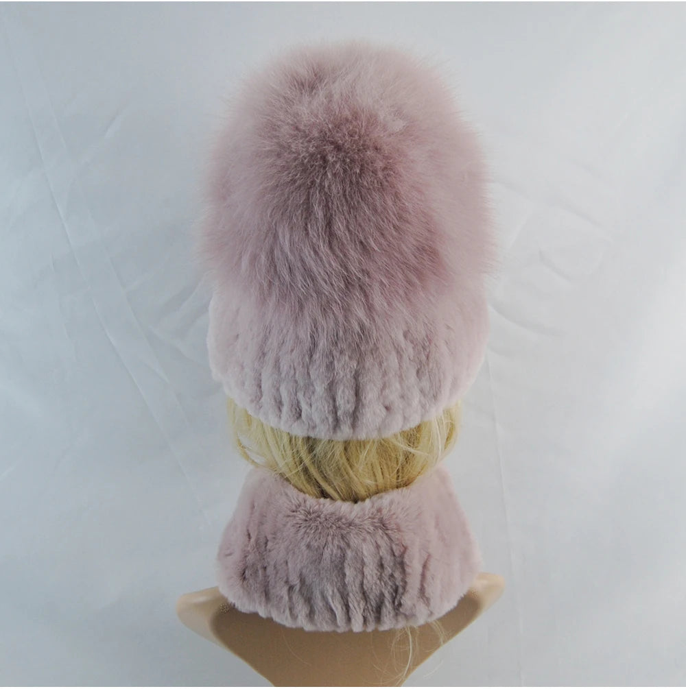 New Winter Lady Brand Hand Make Real Genuine Fox Fur Hat Scarf Girls Natural Real Rex Rabbit Fur Ring Cap Real Fur Scarves Hats