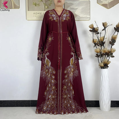 2026New Dubai Muslim Women Modest Dress Diamond Chiffon Elegant Arabic Femme Hijab African Abaya Islamic Long Sleeve Turkey Robe