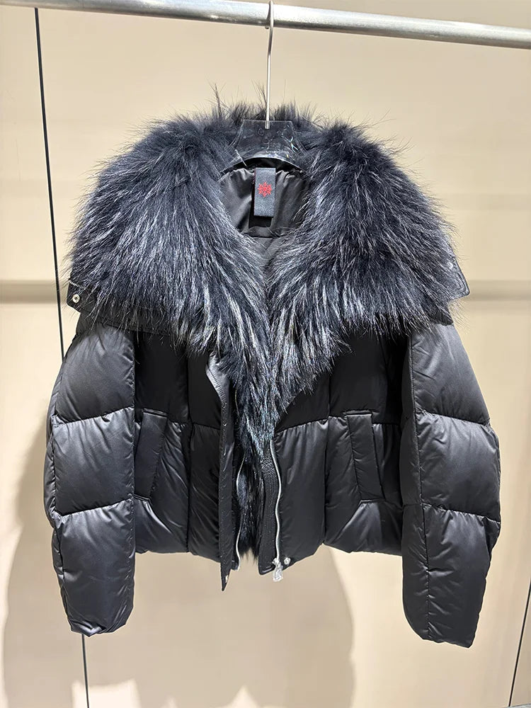 2026 New Winter Warm Women White Goose Down Jacket Real Large Fox Fur Collar Loose Short Puffer Coat Ladies Parka Outerwear