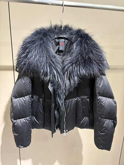 2026 New Winter Warm Women White Goose Down Jacket Real Large Fox Fur Collar Loose Short Puffer Coat Ladies Parka Outerwear
