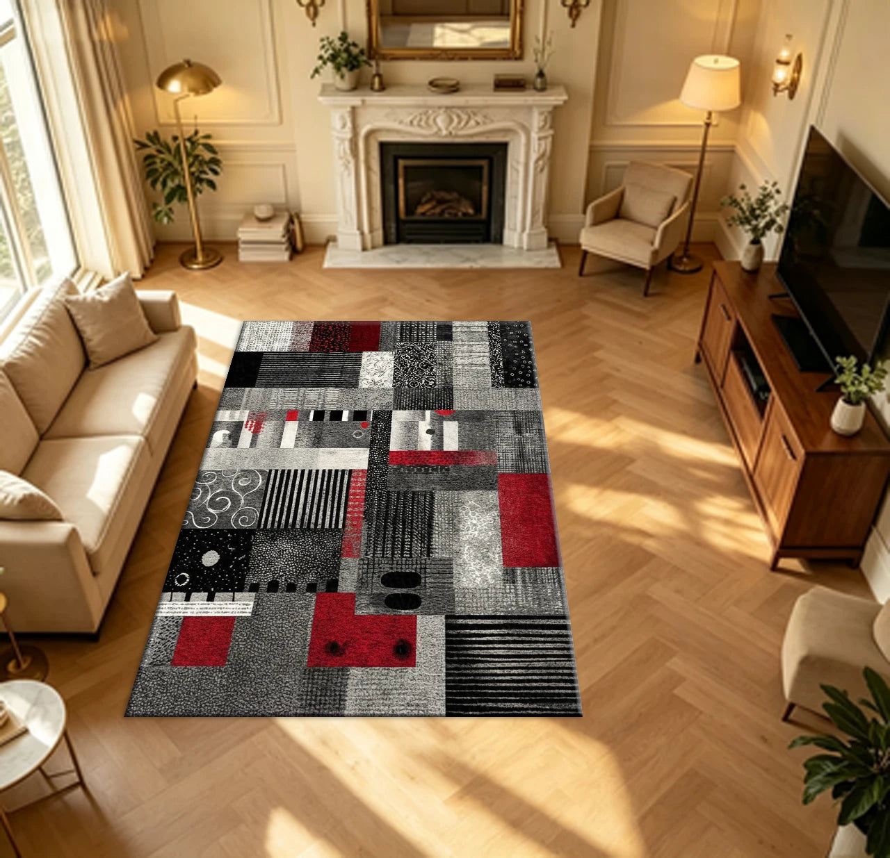 Black Grey Red Patchwork Collage Art Carpet Flooring Modern Mixed Pattern Large Area Rug for Living Space Home Decor