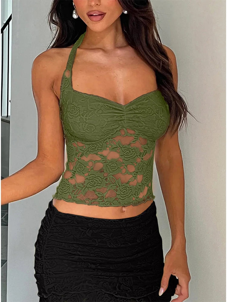 Spring/Summer 2025 New Arrival Women's Y2K Style Sleeveless Lace-Trimmed Fitted T-Shirt Lace-Tie Plain-Colour Tank Top