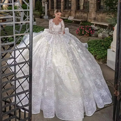 2026 Long Sleeve Lace Wedding Dress Sweetheart Neck Princess Bridal Gown Appliques Custom Ball Gown Vestido de Noiva