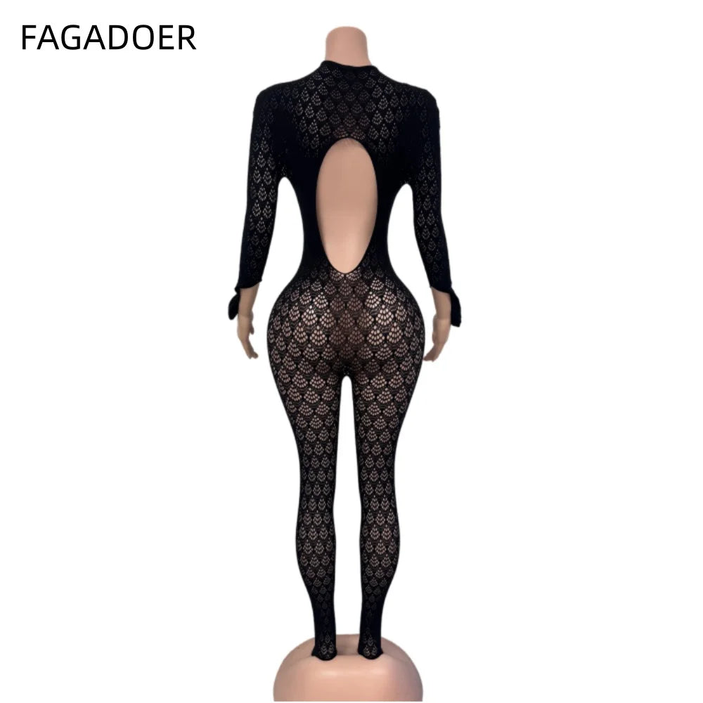 FAGADOER Sexy Hollow Out Patchwork Bodycon Jumpsuits Women Lace See Through Long Sleeve Backless Rompers Female Party Clubwear
