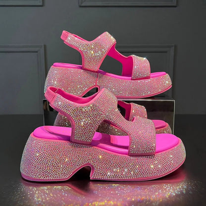 Fashion Luxury Rhinestone Women Sandals Summer New Sheepskin Elastic Band Thick-soled Open-toed Roman Flat Sandals
