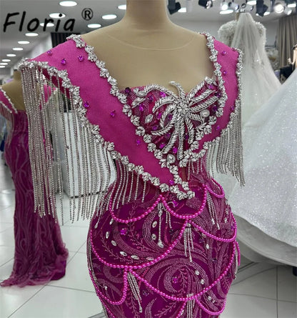 Floria Elegant Fushia Mermaid Evening Party Dress Sparkly Tassel Crystal Woman Formal Dresses Prom Gala vestido noche Customized