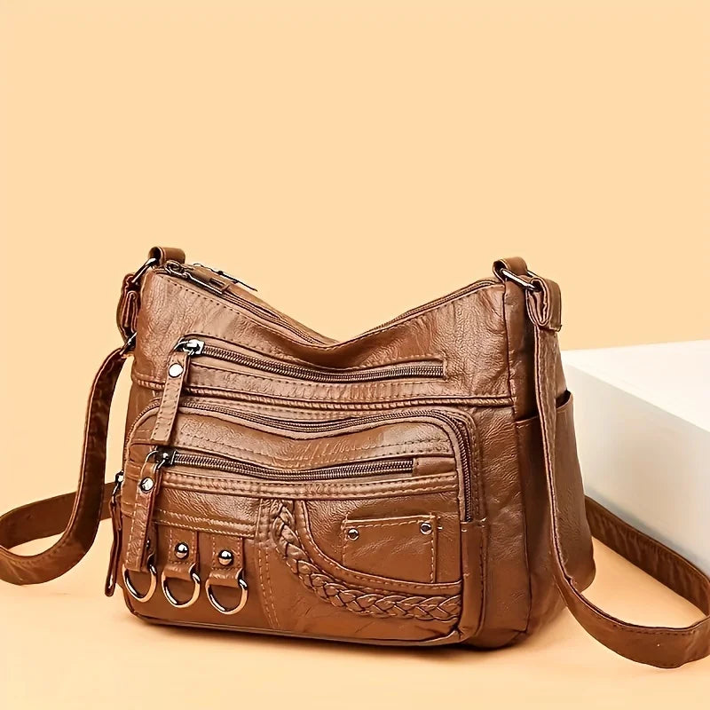 Vintage PU Crossbody Bag, Retro Multi Layer Shoulder Bag, Women's Fashion Handbag & Purse, Female Work Travel Messenger Bag
