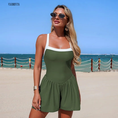 VigoBeviya 2026 Solid Dress Swimwear For Women Beach Backless One Piece Swimsuit Femal Summer Pocket Monokini Lady Bathing Suit
