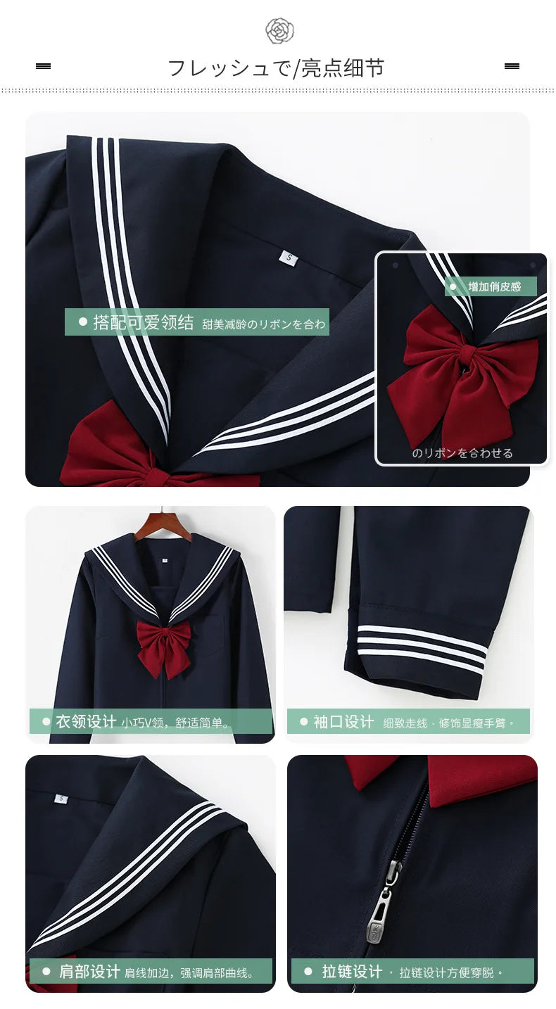 Navy Blue JK Uniform, Red Tie Three Basic Sailor, Short/long Sleeve Japanese School Uniforms For Girls Pleated Skirt JK Sets