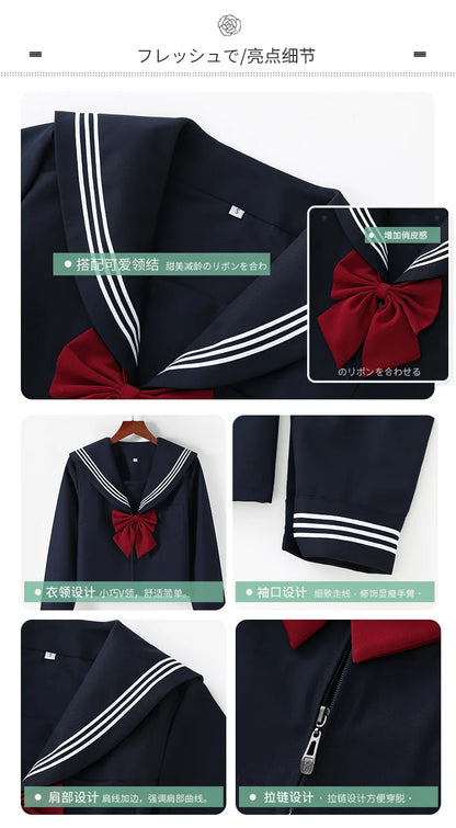 Navy Blue JK Uniform, Red Tie Three Basic Sailor, Short/long Sleeve Japanese School Uniforms For Girls Pleated Skirt JK Sets
