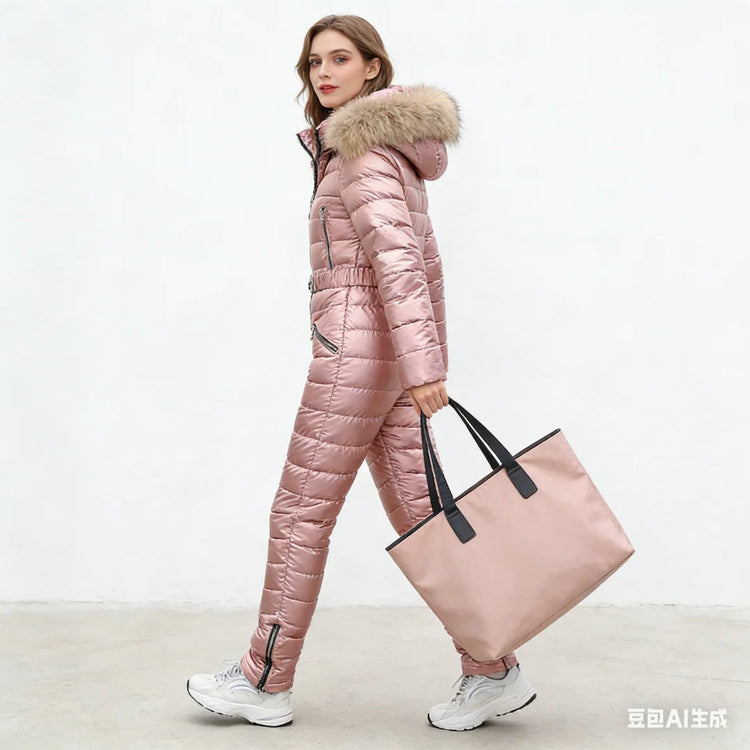 Jumpsuits One Piece Ski Suit Winter Thicken Snow Place Down Cotton Women Suits Warm Hooded Waist Slim Shiny Outdoor Sports