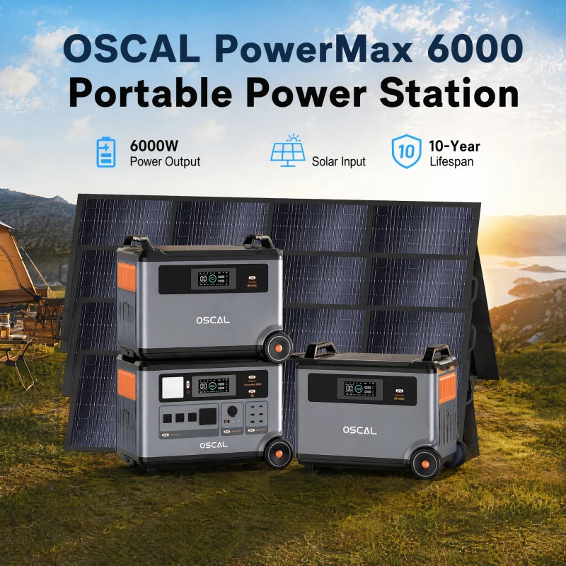 OSCAL PowerMax6000 Solar Generator (Compatible with Battery Packs/Solar Panels) 120V/240V Portable Power Station 6000W AC Output (9000W Peak), 2200W AC Charging, 2400W Solar Charging, App Control, Ideal for Home Emergencies a