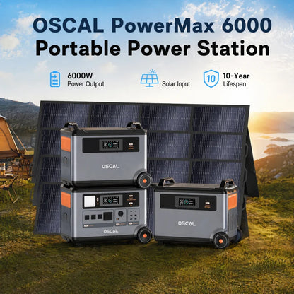OSCAL PowerMax6000 Solar Generator (Compatible with Battery Packs/Solar Panels) 120V/240V Portable Power Station 6000W AC Output (9000W Peak), 2200W AC Charging, 2400W Solar Charging, App Control, Ideal for Home Emergencies a