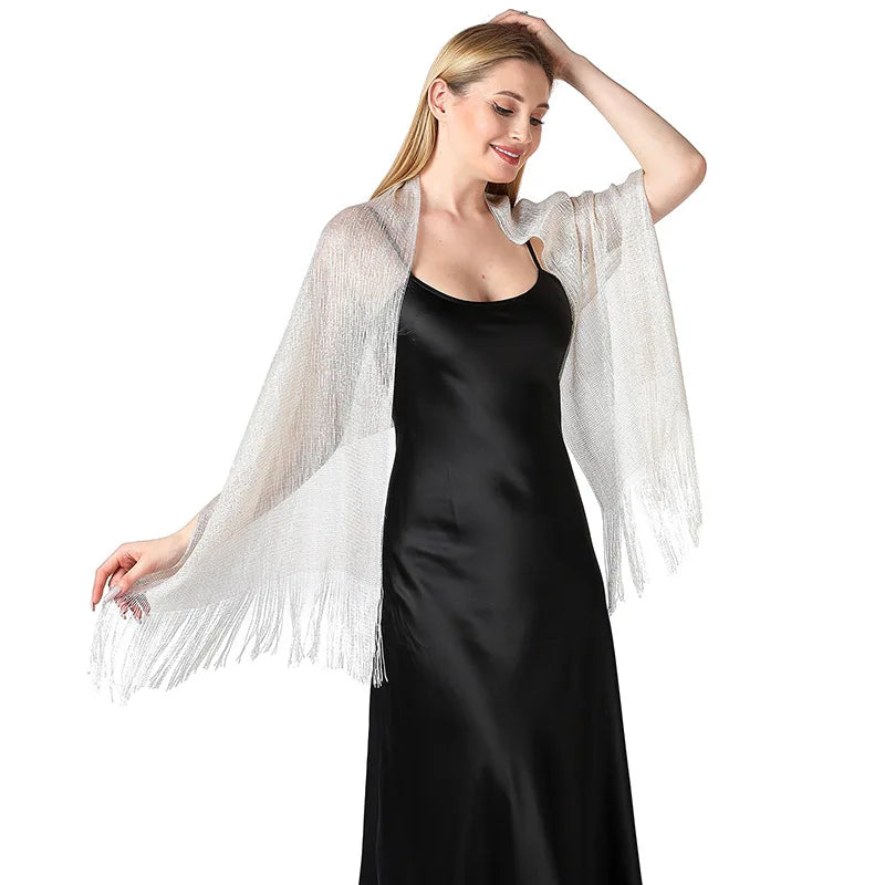 Metallic Silk Scarf Bridal Evening Gown Accessory For Women Wedding Party Prom Bridal Shawl Gold Silver Thread