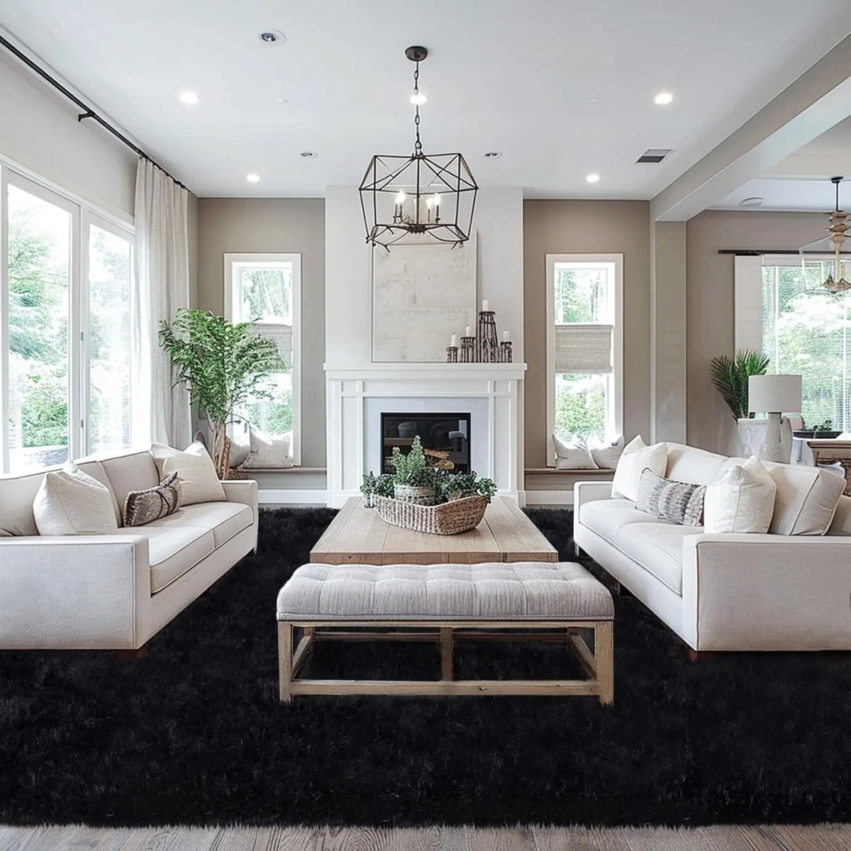 Fluffy Large Carpet for Living Room Black Non-Slip Machine Washable Plush Area Rugs for Bedroom Soft Thick Floor Mats
