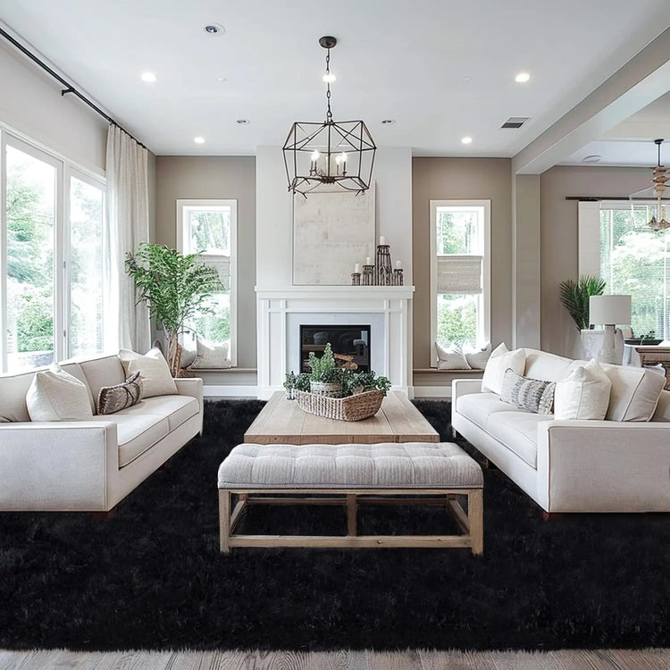 Fluffy Large Carpet for Living Room Black Non-Slip Machine Washable Plush Area Rugs for Bedroom Soft Thick Floor Mats