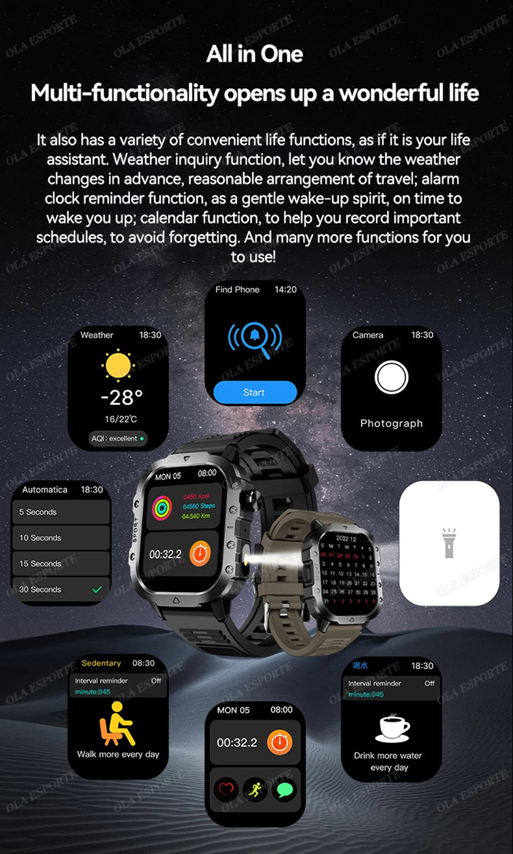 2026 New Military Outdoor Smart Watch Men's GPS Flashlight Bluetooth Call 2.01" AMOLED Screen 3ATM Waterproof Sports Smartwatch