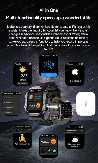 2026 New Military Smart Watch Men 3ATM Outdoor Sports Fitness Tracker Blood Pressure Health Monitoring BT Call GPS Smartwatch