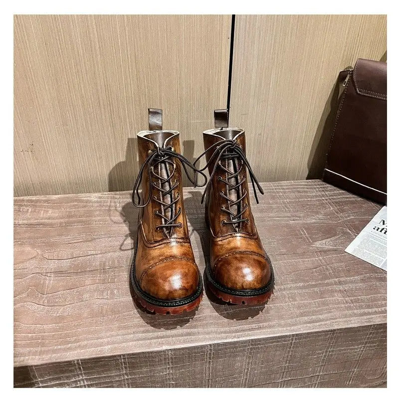 Fashion Cow Genuine Leather Motorcycle Boots Brogue Shoes Retro High Big Head Men's Mid-calf Chelsea Boots For Men Brown