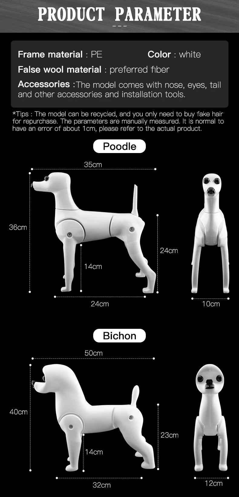 Fenice Pet Simulation Hair Grooming Fake Dog Model Practice Dog Standard Skeleton Model Dog Full Body Fake Hair