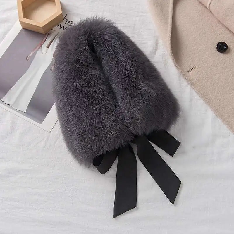 Winter Warm Fox Fur Collar Female Real Fur Collar Fashion Fluffy Clothing Accessories Collar Women Luxury Fur Scarf With Ribbons