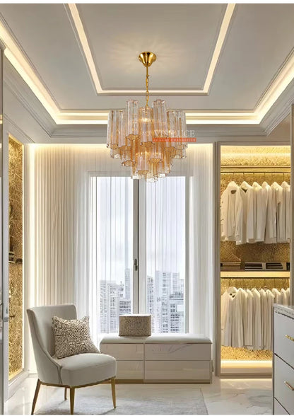 Round Murano Glass Ceiling Chandelier For Dining Living Room Bedroom Foyer Amber Glass Crystal Tube Hanging Chandelier Lights